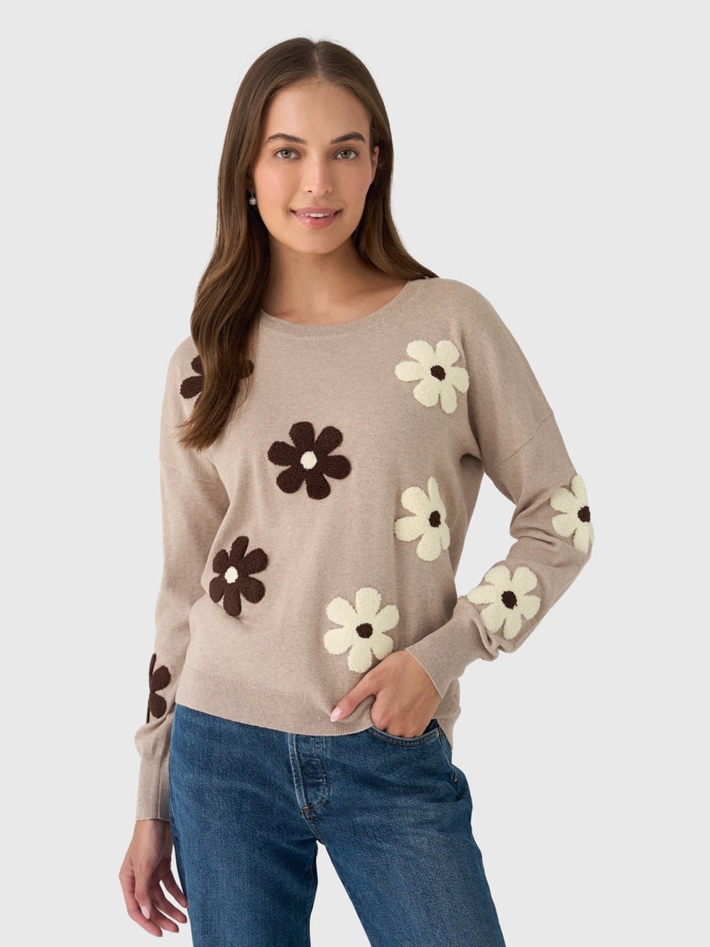 ECHE Women's Two Tone Flower Crew Sweater